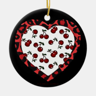 RAB-körsbär Leopard Print Heart Rockabilly Julgransprydnad Keramik