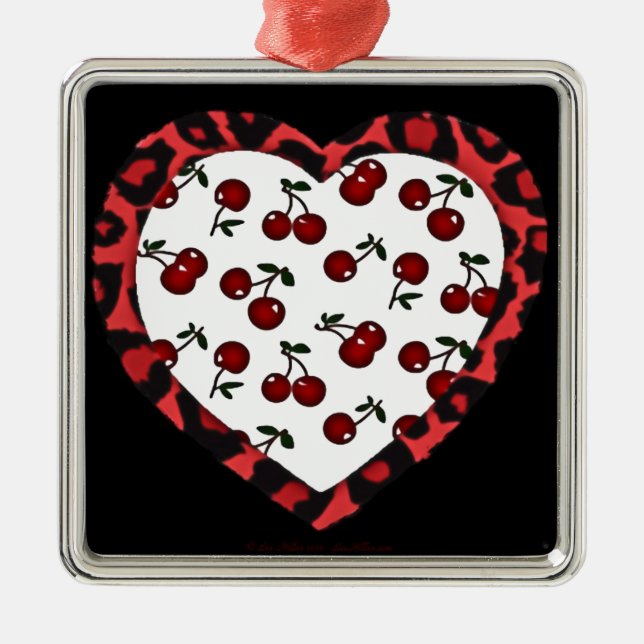 RAB-körsbär Leopard Print Heart Rockabilly Julgransprydnad Metall (Framsidan)