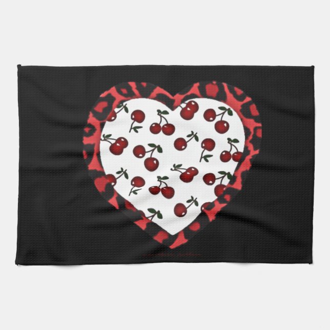 RAB körsbär Leopardtryck Hjärtat Rockabilly Kökshandduk (Horisontell)