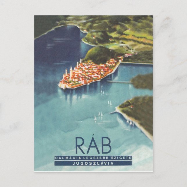 Rab-ön, Dalmatien, Kroatien, vintage reseaffisch Vykort (Framsida)