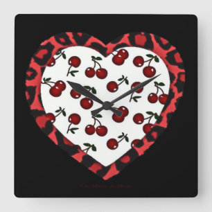 RAB Rockabilly Cherries Leopard Print Heart Fyrkantig Klocka