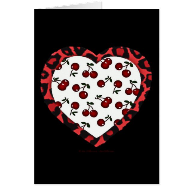 RAB Rockabilly Cherries Leopard Print Heart Hälsningskort (Framsidan)