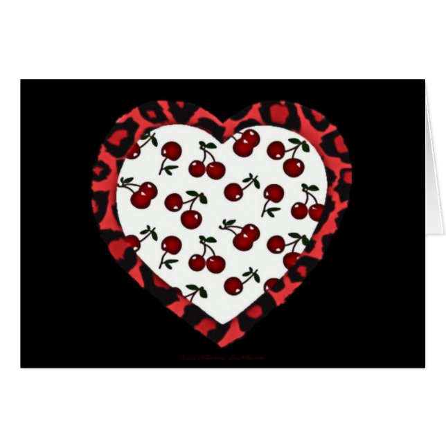 RAB Rockabilly Cherries Leopard Print Heart Hälsningskort (Framsidan Horizontal)