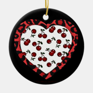 RAB Rockabilly Cherries Leopard Print Heart Julgransprydnad Keramik