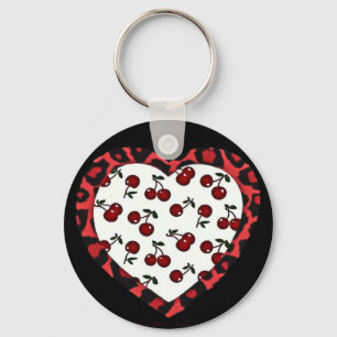 RAB Rockabilly Cherries Leopard Print Heart Nyckelring