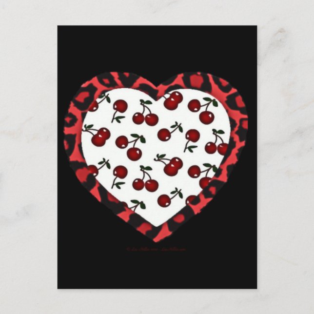 RAB Rockabilly Cherries Leopard Print Heart Vykort (Framsida)