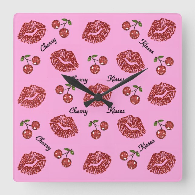 RAB Rockabilly Cherry Kisses på Rosa Fyrkantig Klocka (Framsida)