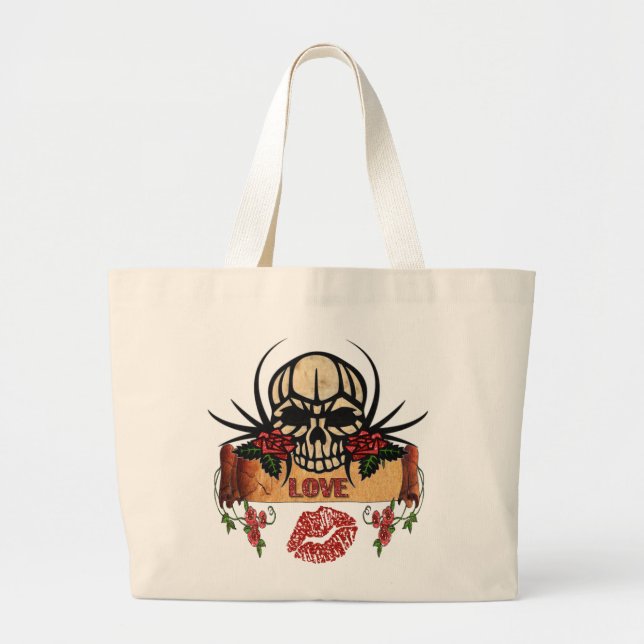 RAB Rockabilly Dödskalle Rosor Kärlek Läppstift Jumbo Tygkasse (Framsidan)