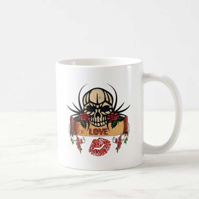 RAB Rockabilly Dödskalle Rosor Kärlek Läppstift Kaffemugg (Höger)