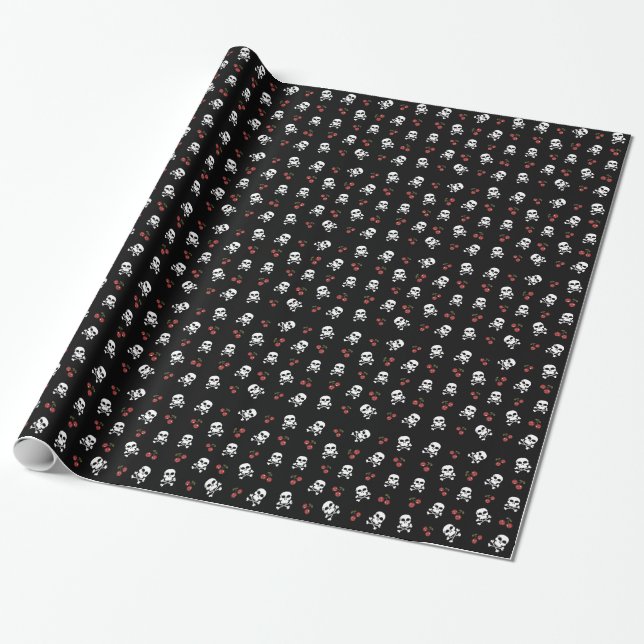 RAB Rockabilly Döskallar och Körsbär på Svart Presentpapper (Utrullad)