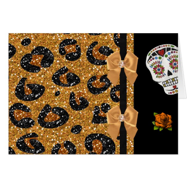 RAB Rockabilly Guld Leopard Skriv ut Döskallar för Hälsningskort (Framsidan Horizontal)