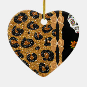 RAB Rockabilly Guld Leopard Skriv ut Döskallar för Julgransprydnad Keramik