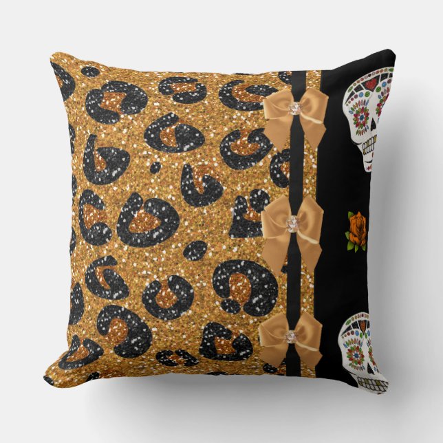RAB Rockabilly Guld Leopardtryck Socker Skallar Kudde (Framsida)