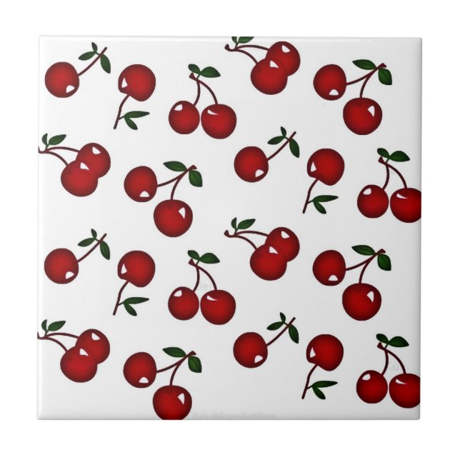 RAB Rockabilly Red Cherries on White Tile Kakelplatta (Framsidan)