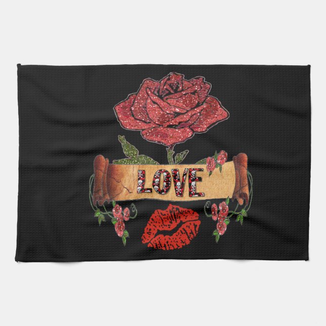 RAB Rockabilly Rosor, Kärlek & Läppstift Kökshandduk (Horisontell)