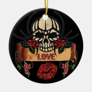RAB Rockabilly Skull Ro Kärlek Lipstick Julgransprydnad Keramik