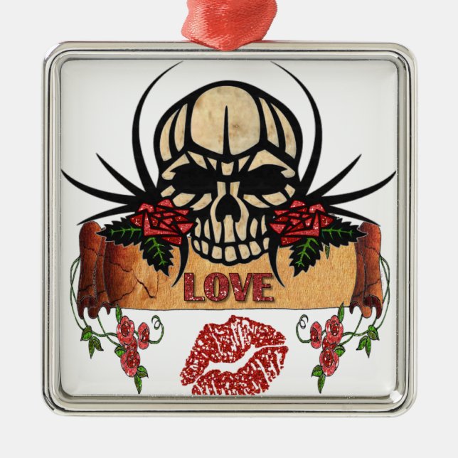 RAB Rockabilly Skull Ro Kärlek Lipstick Julgransprydnad Metall (Framsidan)