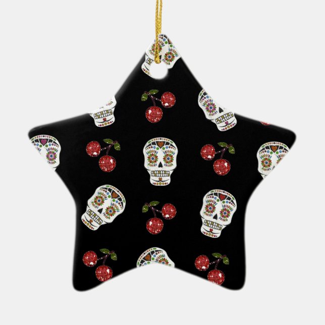 RAB Rockabilly Socker Dödskallar Körsbär På Svart Julgransprydnad Keramik (Framsidan)