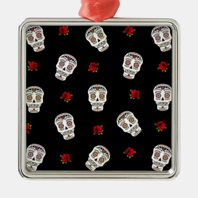 RAB Rockabilly Socker Dödskallar Rosor På Svart Julgransprydnad Metall (Framsidan)