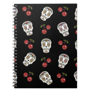 RAB Rockabilly Sugar Döskallars Cherries on Black Anteckningsbok Med Spiral