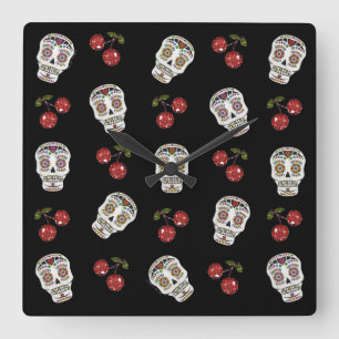 RAB Rockabilly Sugar Döskallars Cherries on Black Fyrkantig Klocka