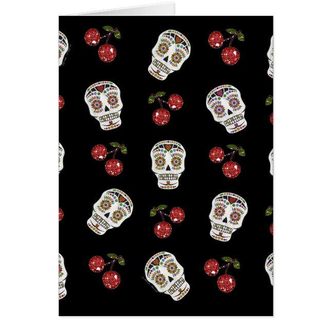RAB Rockabilly Sugar Döskallars Cherries on Black Hälsningskort (Framsidan)