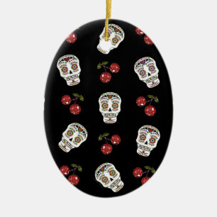 RAB Rockabilly Sugar Döskallars Cherries on Black Julgransprydnad Keramik
