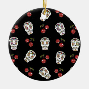 RAB Rockabilly Sugar Döskallars Cherries on Black Julgransprydnad Keramik