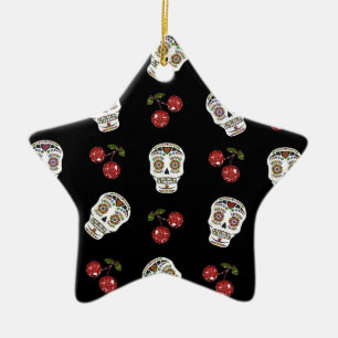 RAB Rockabilly Sugar Döskallars Cherries on Black Julgransprydnad Keramik