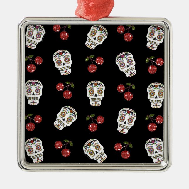 RAB Rockabilly Sugar Döskallars Cherries on Black Julgransprydnad Metall (Framsidan)