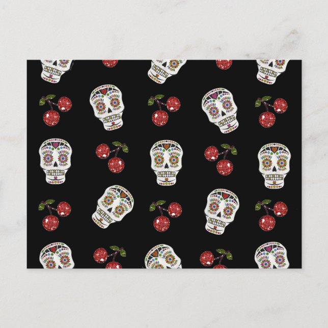 RAB Rockabilly Sugar Döskallars Cherries on Black Vykort (Framsida)