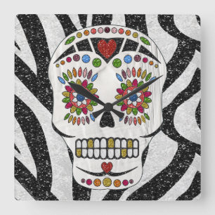 RAB Rockabilly Sugar Skull på Zebra tryck Fyrkantig Klocka