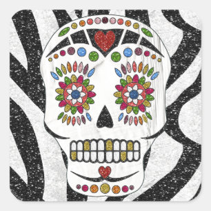 RAB Rockabilly Sugar Skull på Zebra tryck Fyrkantigt Klistermärke