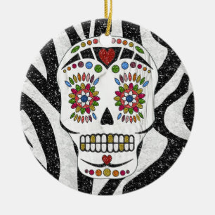 RAB Rockabilly Sugar Skull på Zebra tryck Julgransprydnad Keramik