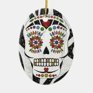 RAB Rockabilly Sugar Skull på Zebra tryck Julgransprydnad Keramik