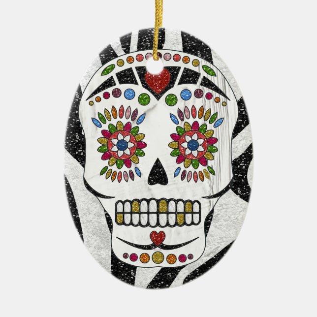 RAB Rockabilly Sugar Skull på Zebra tryck Julgransprydnad Keramik (Framsidan)
