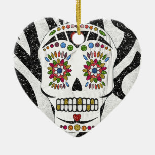 RAB Rockabilly Sugar Skull på Zebra tryck Julgransprydnad Keramik