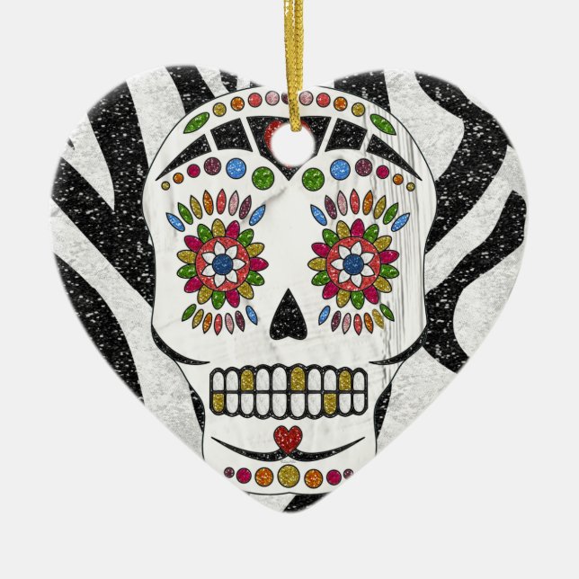 RAB Rockabilly Sugar Skull på Zebra tryck Julgransprydnad Keramik (Framsidan)