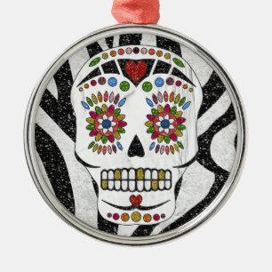 RAB Rockabilly Sugar Skull på Zebra tryck Julgransprydnad Metall