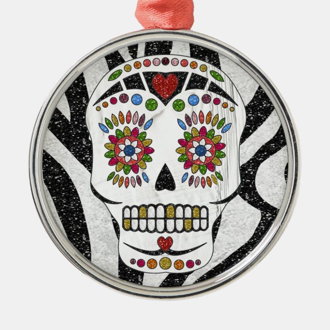 RAB Rockabilly Sugar Skull på Zebra tryck Julgransprydnad Metall (Framsidan)
