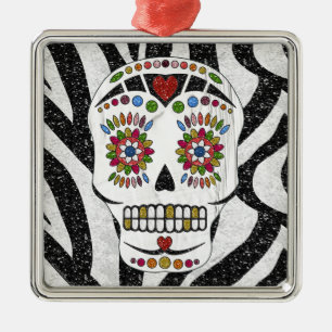 RAB Rockabilly Sugar Skull på Zebra tryck Julgransprydnad Metall