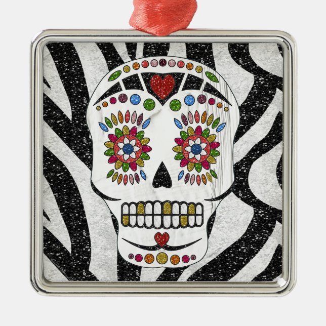 RAB Rockabilly Sugar Skull på Zebra tryck Julgransprydnad Metall (Framsidan)