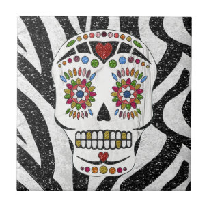 RAB Rockabilly Sugar Skull på Zebra tryck Kakelplatta