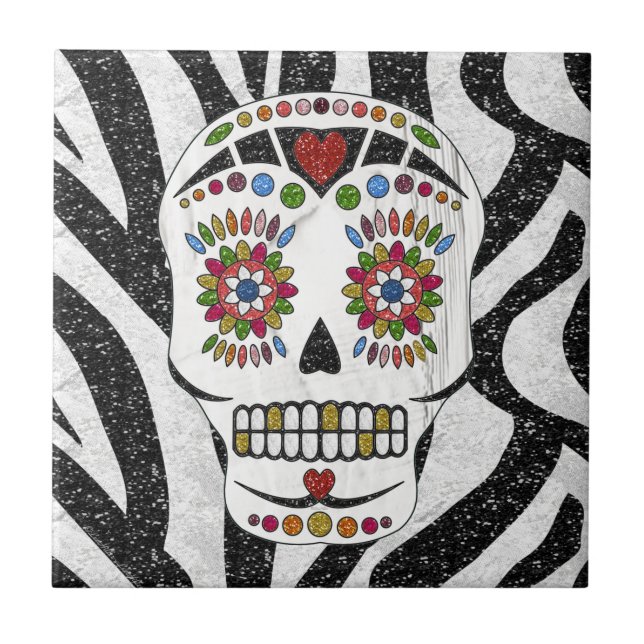 RAB Rockabilly Sugar Skull på Zebra tryck Kakelplatta (Framsidan)