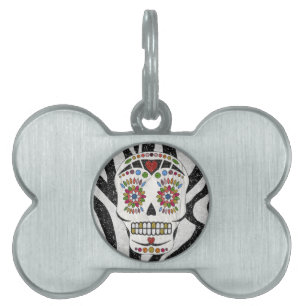 RAB Rockabilly Sugar Skull på Zebra tryck Namnbricka Husdjur