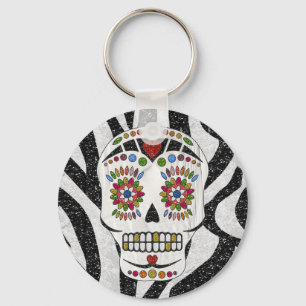 RAB Rockabilly Sugar Skull på Zebra tryck Nyckelring