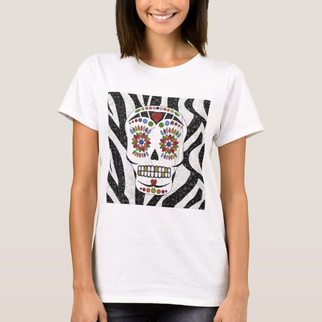 RAB Rockabilly Sugar Skull på Zebra tryck T Shirt (Framsida)