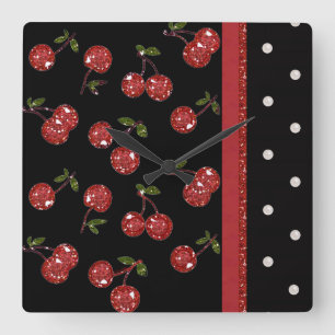 RAB Rockabilly Väldigt Cherry Cherries Black Fyrkantig Klocka