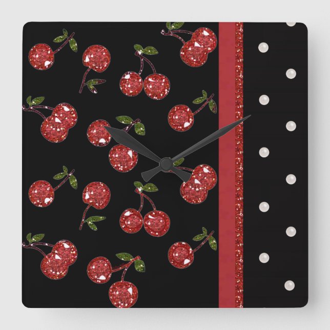 RAB Rockabilly Väldigt Cherry Cherries Black Fyrkantig Klocka (Framsida)