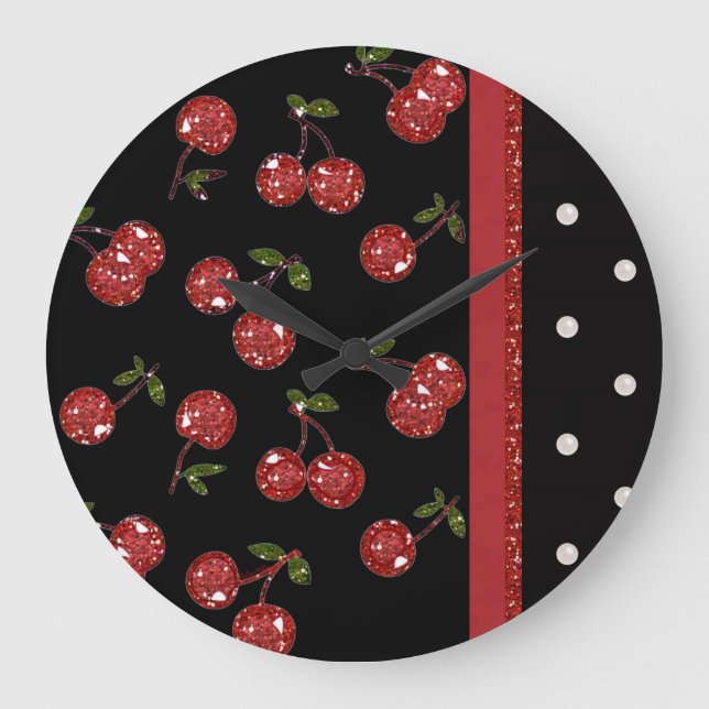 RAB Rockabilly Väldigt Cherry Cherries Black Stor Klocka (Framsida)